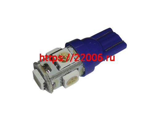 Лампа светодиодная (LED) 12V  T10  (W2,1х9,5d)  5SMD 1,2W чип 3528 синяя